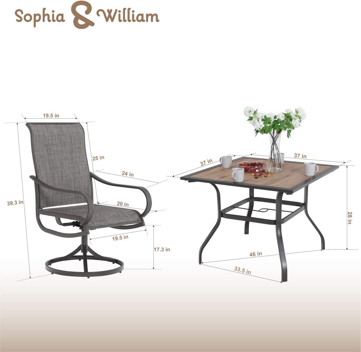 Sophia & William Patio Dining Set, 1 Square 37"x 37" Umbrella Table, 4 Swivel Chairs Furniture Set for Outdoor Garden Lawn Pool Metal Frame Easy to Care Weather Resistant: Garden & Outdoor