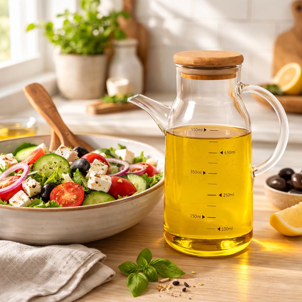 ORNAMI Olive Oil Dispenser and Vinegar Cruet Bottle with Natural Bamboo Lid and Handle (550ml)