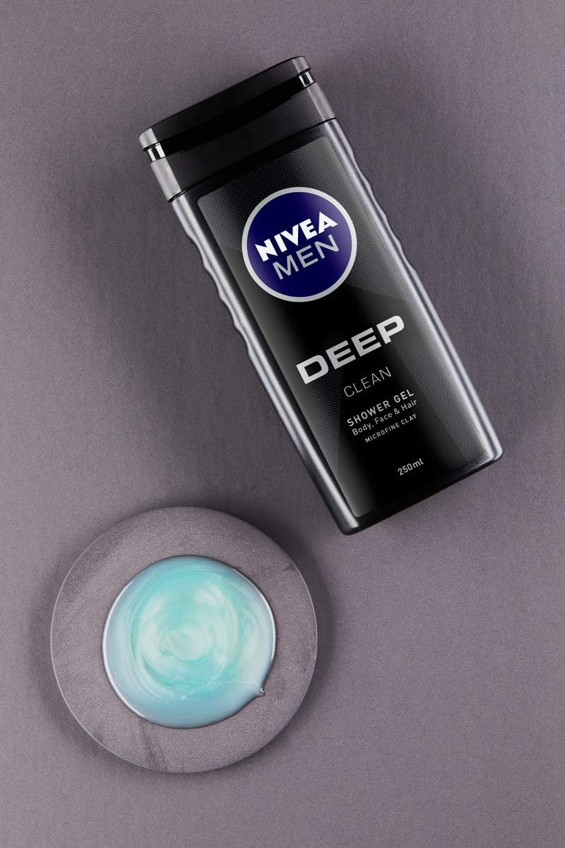 NIVEA MEN Deep Shower Gel Pack of 6 (6 x 250ml), Face, Hair & Body Wash Black Charcoal Shower Gel, 24H Deeply Cleansing and Invigorating Men's Shower Gel - Image 3