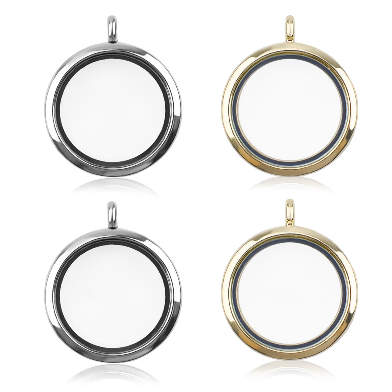 WANDIC Memory Locket Charms, 4 Pcs Round Electroplated Crystal Picture Frame Bouquet Charm, Mini Photo Charm for 2 Photos