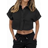 Tankaneo Womens Button Down Shirts Cropped Short Sleeve Casual Crop Tops Blouses with Pockets