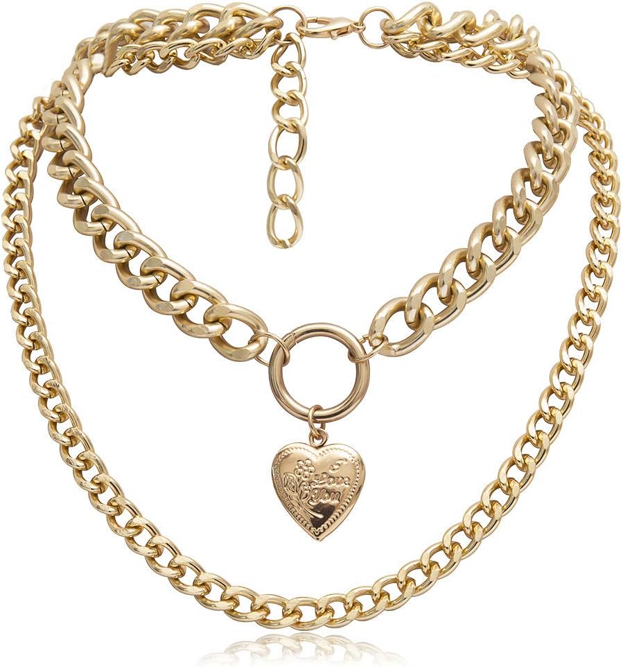 Layered Heart Locket Choker Necklace - 14k Gold Plated Hiphop Link Chain Necklace With Love Locket Engraved"I Love You" And Flower Adjustable Choker Necklace For Women …