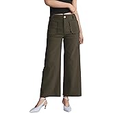 ACCPUR Women's Wide Leg Pants Button Down High Waisted Loose Fit Cropped Hem Trousers with Pockets Casual Work Business Pants