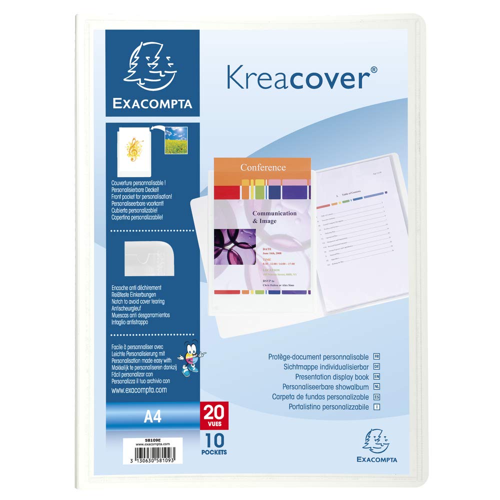 Exacompta - Ref 58109E - Kreacover Collection - Opaque Rigid PP Display Book - 240 x 320mm in Size, Suitable for A4 Documents, 10 Pockets, 20 Viewing Pages - White