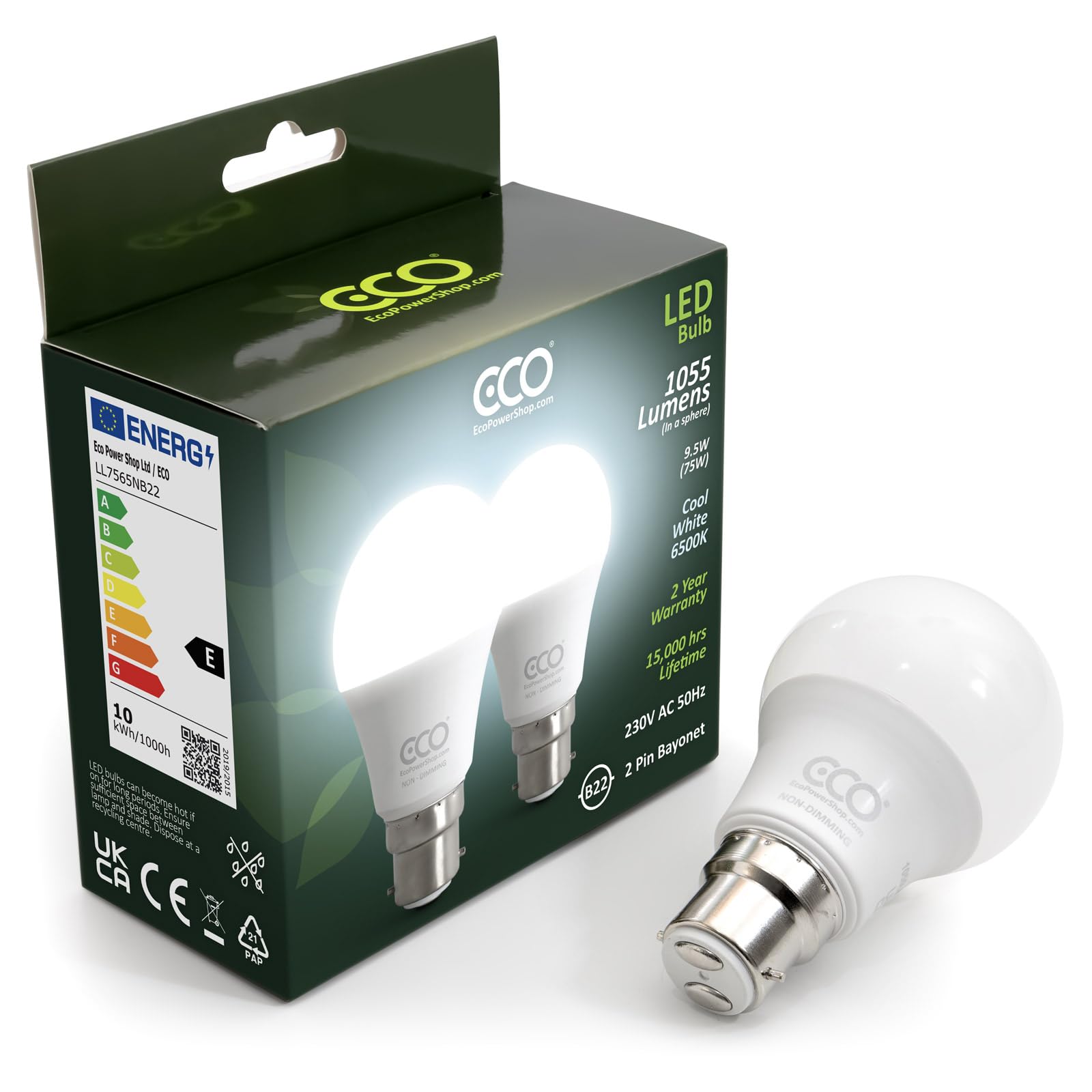 ECO 75W Equivalent B22 Bayonet Energy Saving LED Light Bulb, Low Energy 9.5W LED, 1055 Lumens, Cool White 6500K, Non-Dimmable, 15,000Hrs Lifetime.