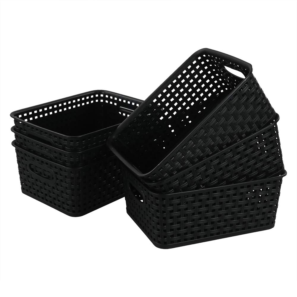 Eudokky Black Plastic Woven Baskets for Storage, Set of 6 Small Basket Bins