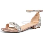 SheSole Women's Wide Width 1 Inch Low Block Heel Sandals | Bling Rhinestone Elegant Pearl Beaded Open Toe Ankle Strap Dress Shoes for Holiday Party Evening Prom Formal Beach Wedding