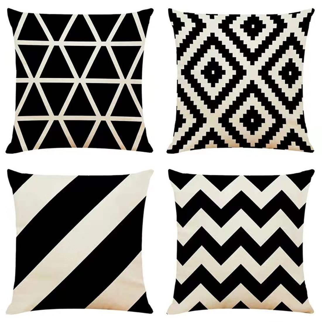 OYIMUA Set of 4 Boho Decorative Cushion Covers Black 18x18 Linen Geometric Throw Pillow Covers 45 x 45cm Square Pillowcases for Outdoor Furniture Garden Bench Living Room Sofa Farmhouse Decor