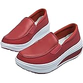 Women's Platform Wedge Slip-On Loafers,Comfortable EVA Sole Round Toe Leather Moccasin Wedge Sneakers.