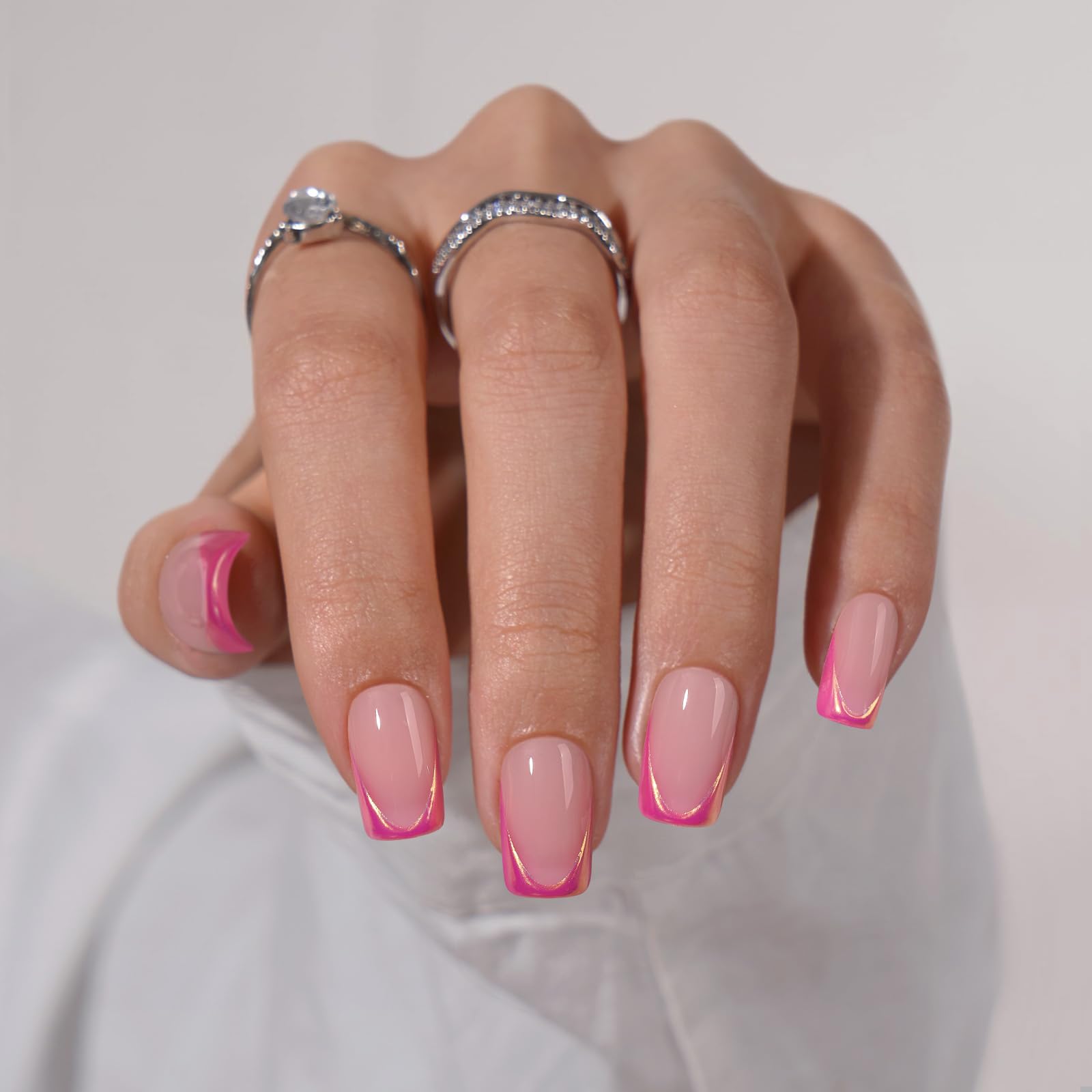 BTArtbox French Tip Press On Nails - Trendy Short Square Fake Nails with Metallic Chrome Pink Color, Reusable Glue On Nails in 16 Sizes for Christmas Gift, Metallic Petal - Image 3