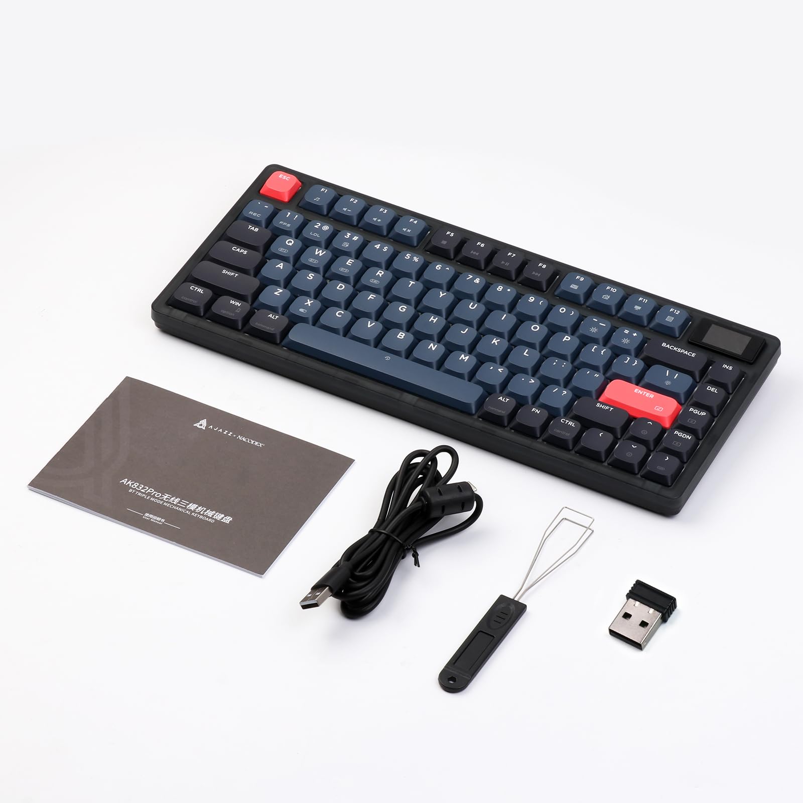 Ajazz AK832 Pro 75% Gasket-Mounted Bluetooth 5.1/2.4G Wireless & Type-C Wired Low-Profile Keyboard, LED Screen, 1.6M RGB with Outemu Switch for Mac/Win (Brown Switch)
