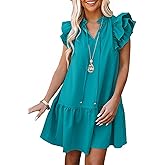 Dokotoo Womens Summer Dresses 2026 V-Neck Drawstring Ruffle Cap Short Sleeve Side Pockets Mini Dress Sundress