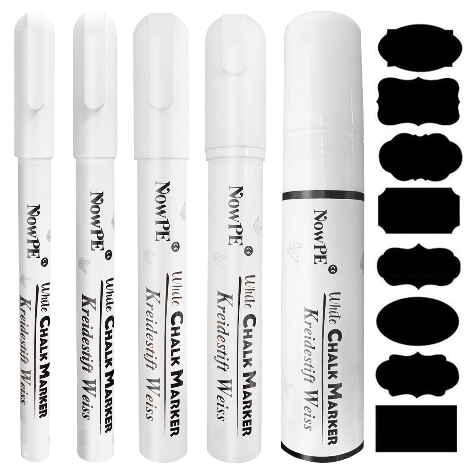 White Chalk Pen, NowPE Marker Pens 1mm, 3mm, 6mm, 10mm, 15mm, Dry or Wet Wipe Liquid Ink Markers, 5pcs Chalks + 16pcs Chalkboard Labels Set, Fine, Thin, Medium and Large Tip for Blackboard and Windows