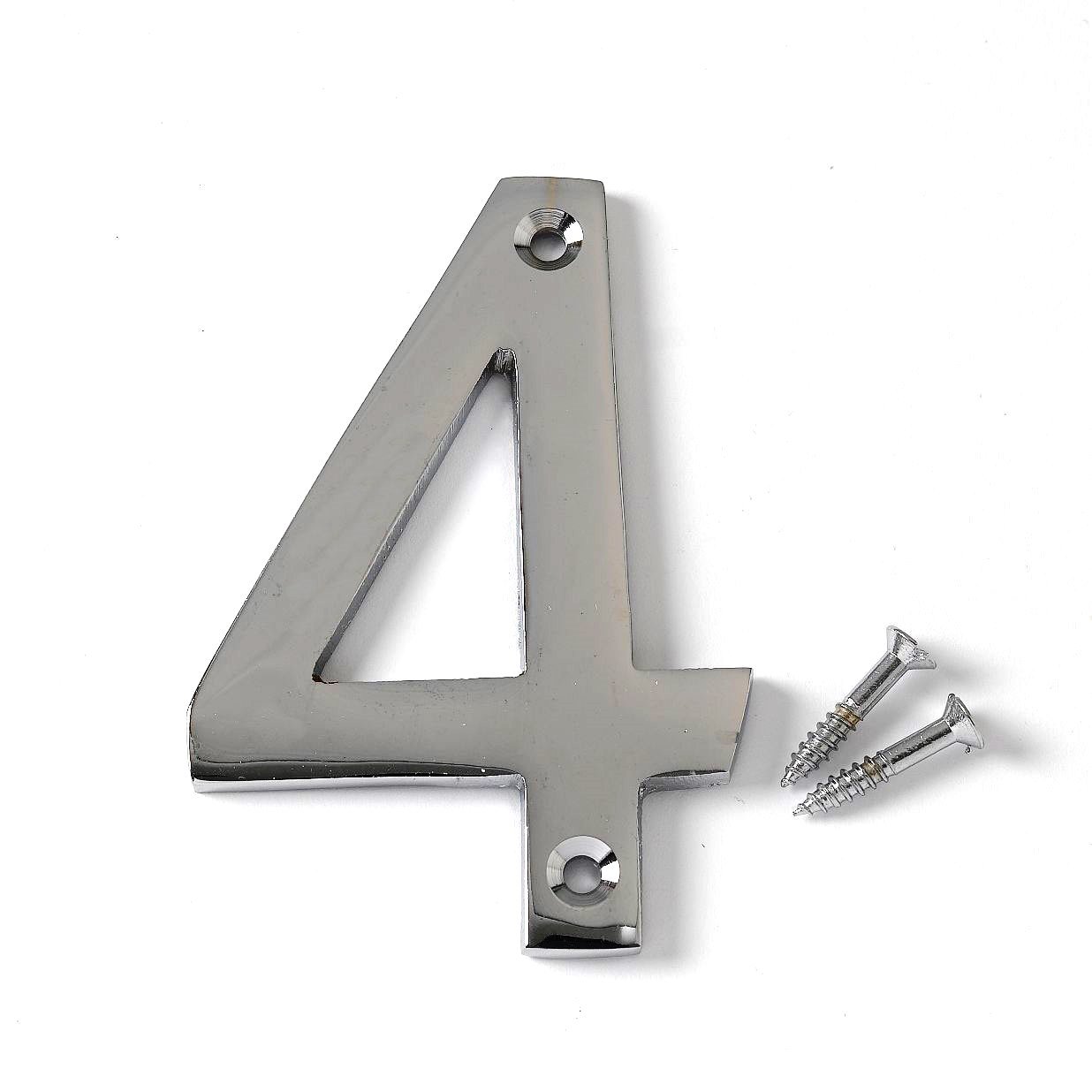 Merriway BH04331 Polished Chrome Screw-On House Flat Gate Post Numeral 75 mm (3 Inch) Number 4