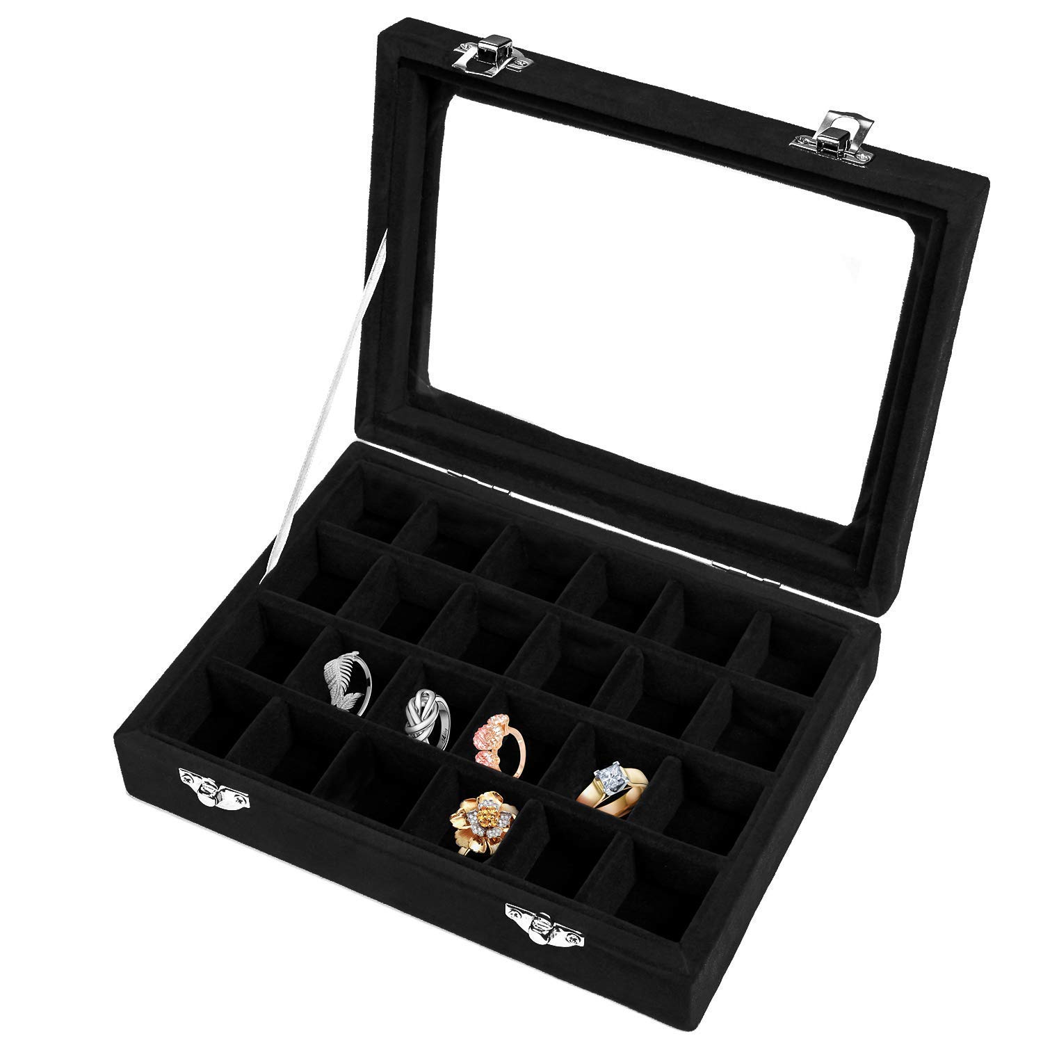 BASUWELL 24 Grid Velvet Jewelry Tray for Drawers Glass Clear Lid Showcase Display Storage Ring Trays Holder Earrings Organizer Case-Black