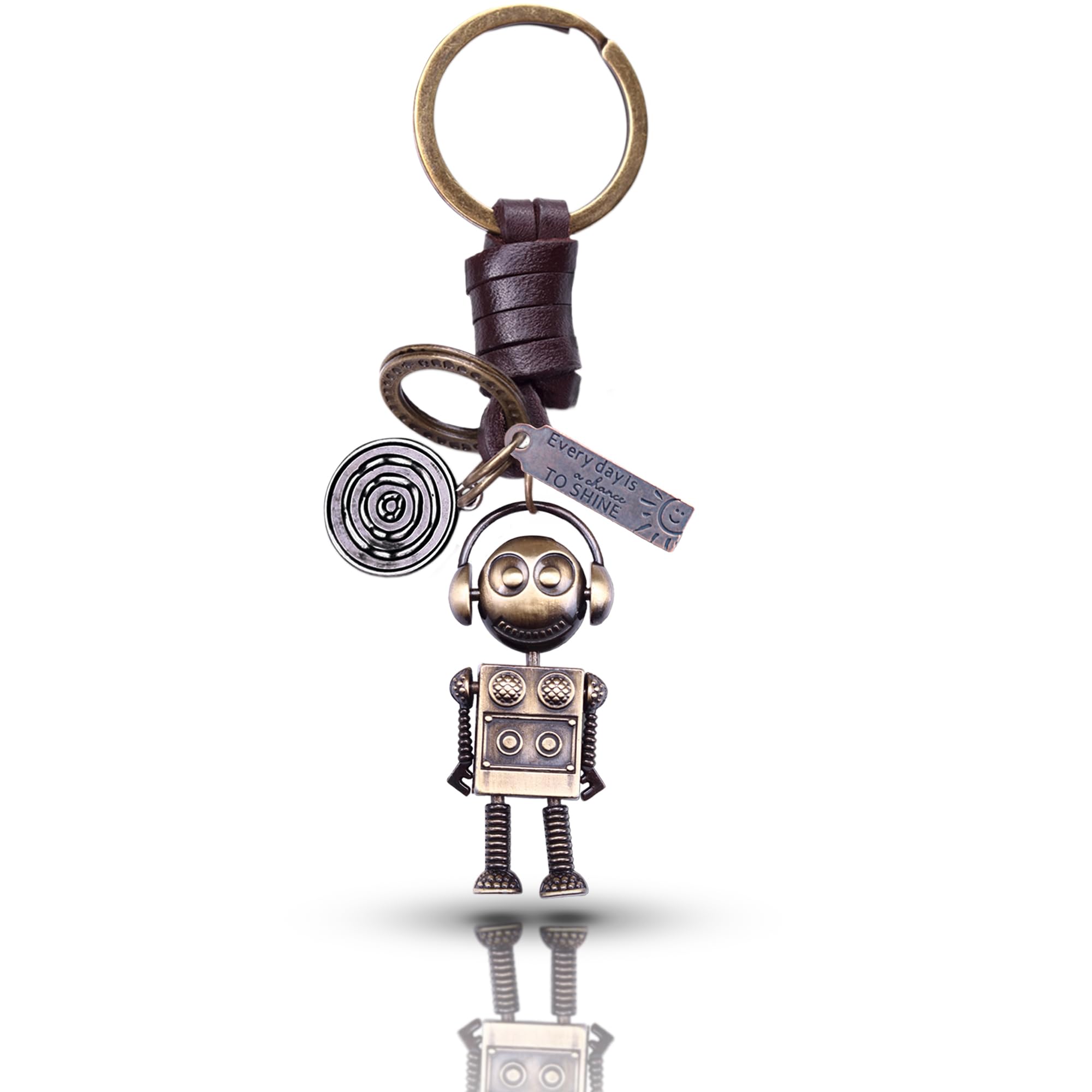 AuPra Robot Keyring Gift for Women & Men | Handmade Leather Funny Key Ring | Vintage Charm for Home, Car & Door Keys | Cute Keychain Present for Boys & Girls