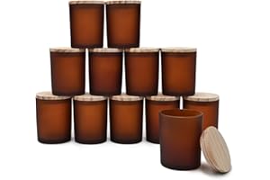SHOWIN Thick Candle Jars for Making Candles 12 Pcs, 7 OZ Empty Jars with Wood Lids for Candle Making, Sample Container, Frosted Brown