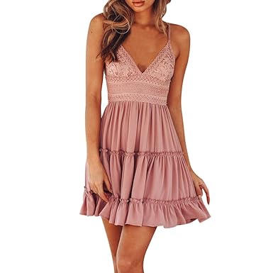 Bekleidung Longra???? Longra Damen Sommerkleider Ärmellos Spitzenkleider Basic Kleider Shirtkleid Freizeitkleid Damen Tank To