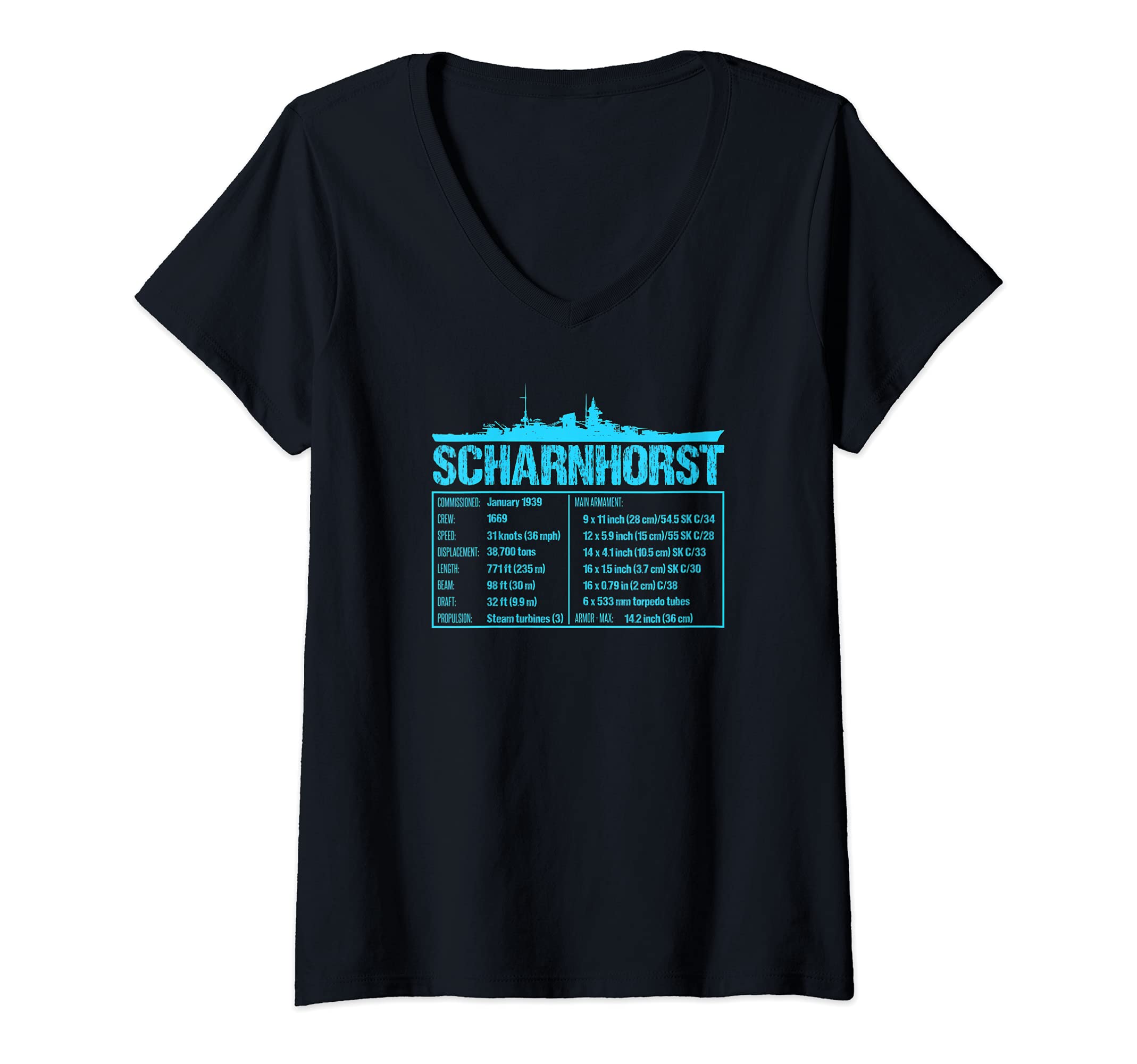 Womens WW2 Scharnhorst German Battleship, Wehrmacht V-Neck T-Shirt