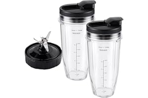 Equust 5-piece Blender Replacement Parts 24oz Ninja Blender Cups with To-Go Lids, 7 Fins Extractor Blade Compatible with Nutri Ninja Auto iQ Blenders BL2012 BN801 BL480 BL682 BL642