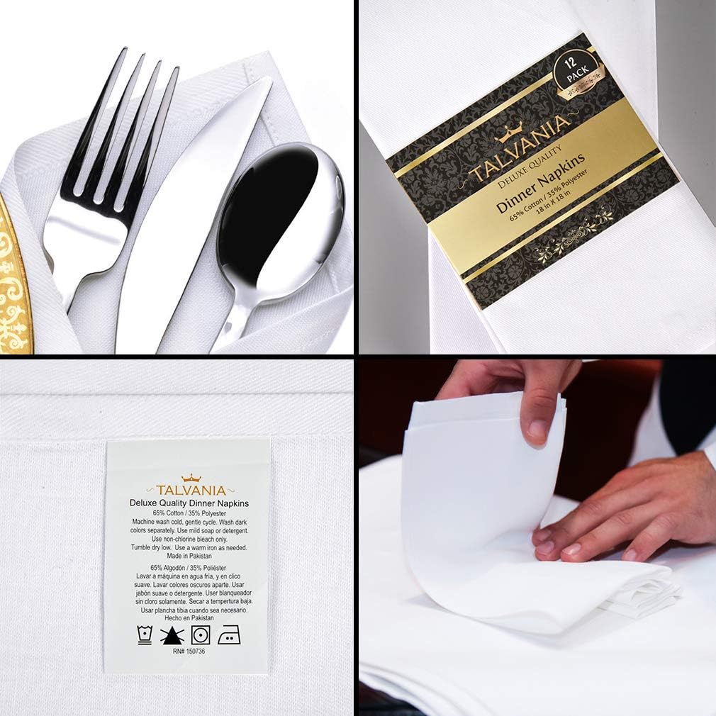 Talvania Cloth Dinner Napkins - 12 Pack Luxuriously Soft & Hotel Quality Cotton Napkins, Brilliant Fabric Napkins (18” X 18”) Perfect for Events, Hotel & Home Use (White): Home & Kitchen