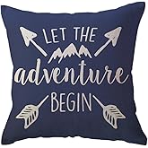ULOVE LOVE YOURSELF Adventure Arrow Throw Pillow Covers Mountain Forest Pillowcases 18 x 18 Inch Let The Adventure Begin Decorative Cushion Covers for Cabin/Camper (Blue)