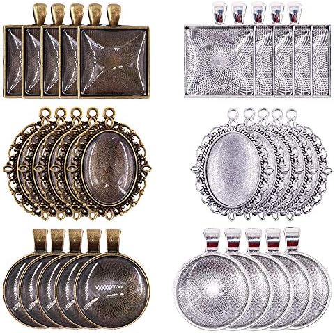 60Pieces 3 Styles Pendant Trays 30pcs Round & Square & Oval and 30pcs Bright Glass Cabochon Dome Tiles for Crafting DIY Jewelry Gift Making