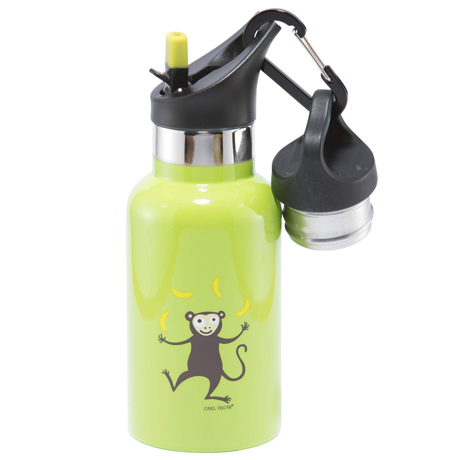 Carl Oscar Double-Walled Thermos Bottle for Children - Vacuum Flask Keeps Drinks Warm for 10 Hours, Cold for 24 Hours. 0,3 Liter in Comes with 2 Lids, and Straw. With Monkey in Green