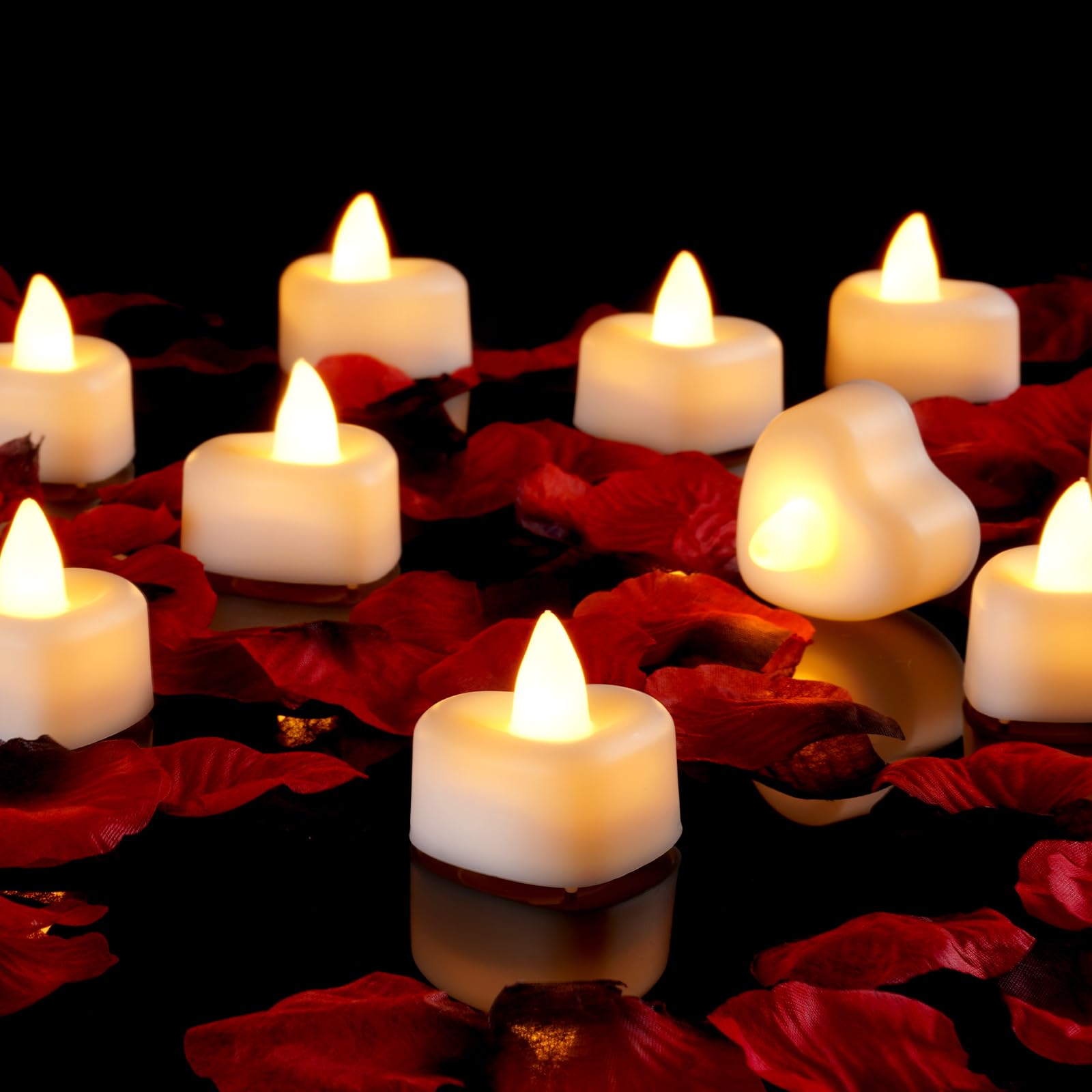 Photo 1 of Amagic 1000 Pieces Artificial Rose Petals with 12 Heart LED Tea Lights Candles Kit, Rose Petals and Candles Set for Proposal, Anniversary, Valentine's Day, Special Romantic Night, Wedding Table Decor