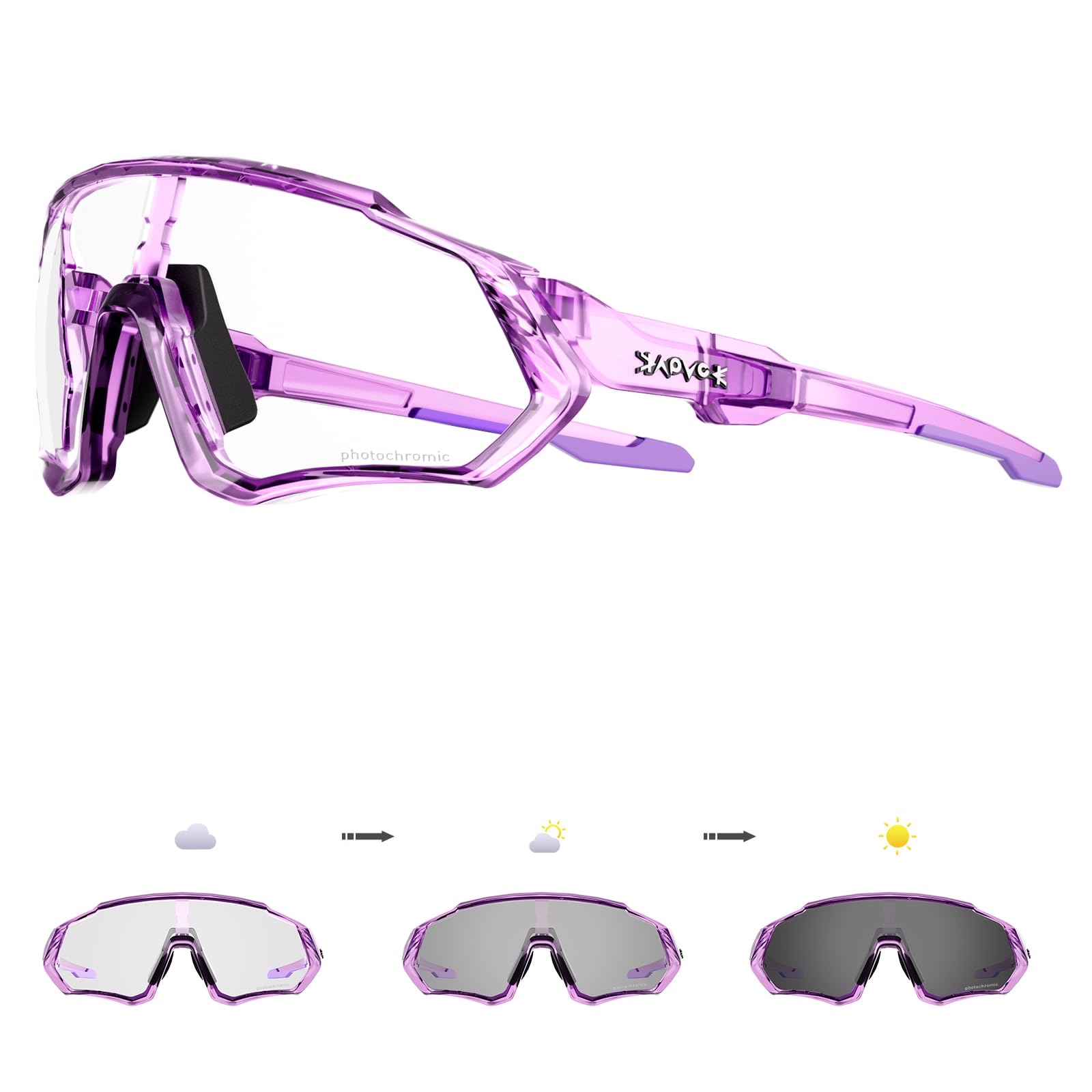 KAPVOE Photochromic Cycling Glasses For Men Women MTB BMX Clear Sports Sunglasses Running Volleyball Tennis Driving Fishing Softball Mountain Golf Hiking 62 Purple Transparent