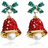 Christmas Bell Earrings for Women Green Christmas Bow Earrings Red Rhinestone Bell Christmas Hat Earrings Christmas Bell Pearl Earrings Christmas Gifts Stocking Stuffers for Her