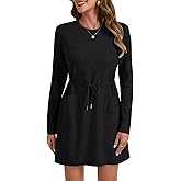 Vrtige Women's Drawstring Waist Long Sleeve Crew Neck A Line Mini Dress with Pocket