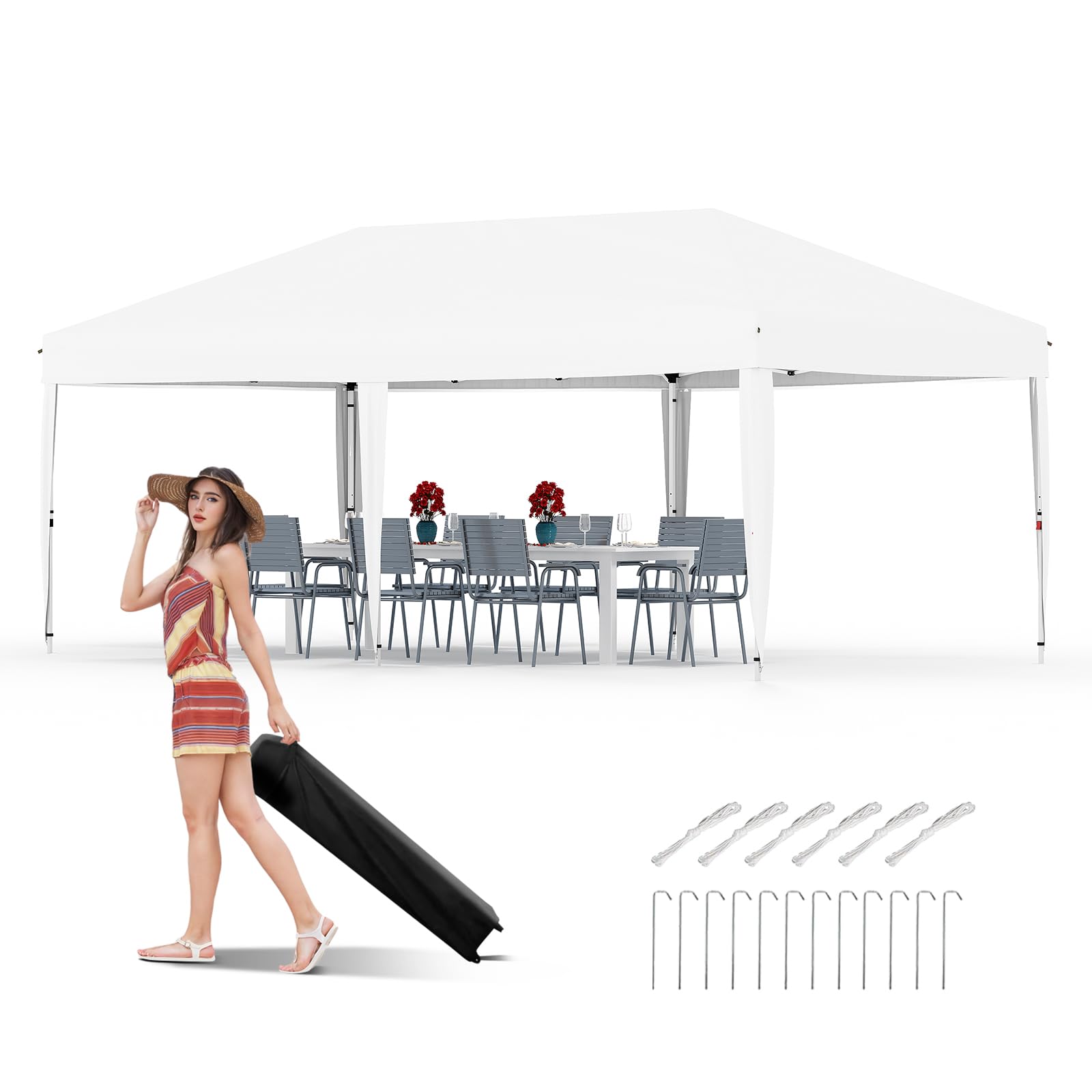 Photo 1 of 10x20 Pop Up Canopy - Easy Up Camping Tent with One Roller Bag, 3 Adjustable Height, 4 Weight Bags for Deck, Garden, Sports, Beach, Party - White