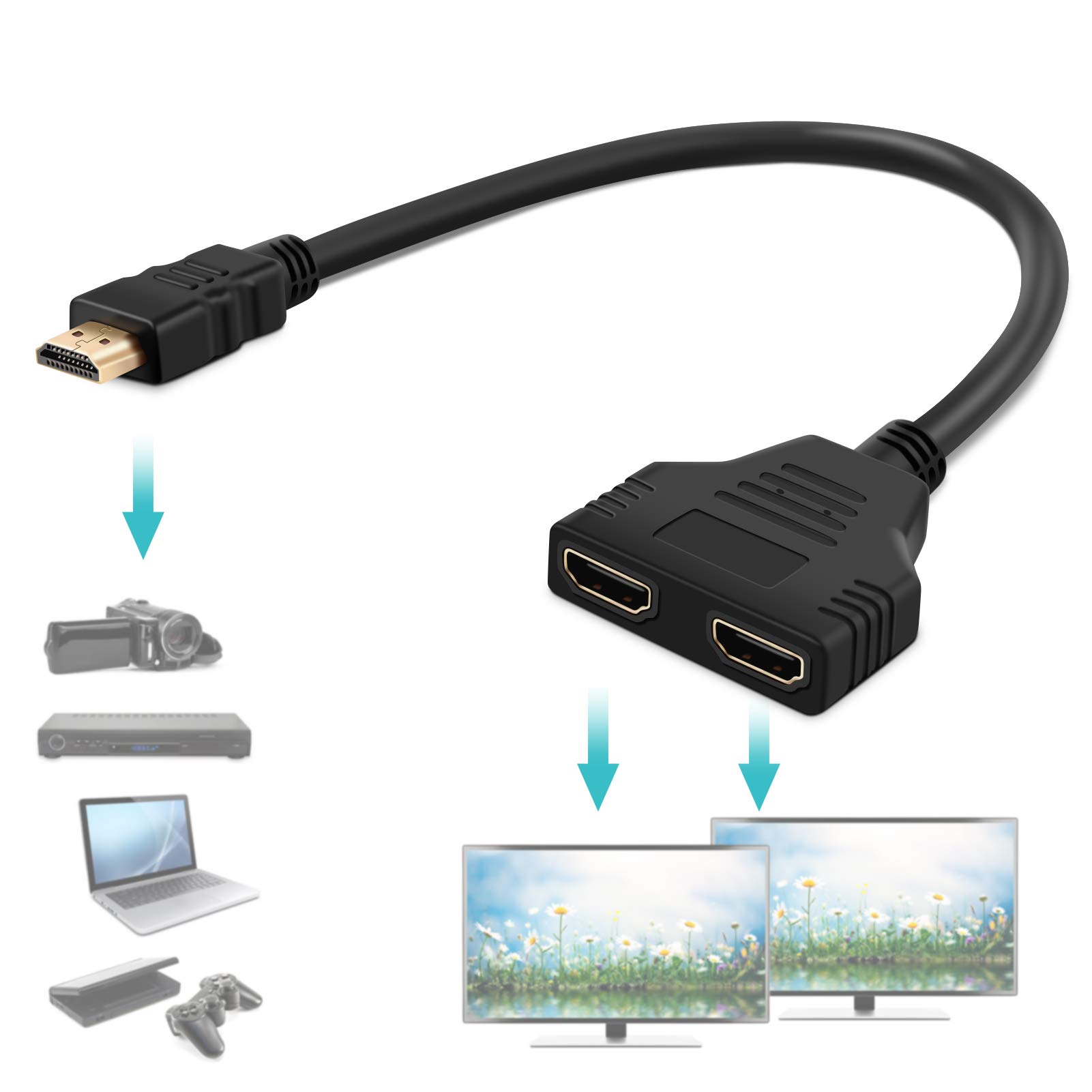 1 in 2 Out HDMI Splitter Cable, HDMI Splitter for Dual Monitors, 1080P HDMI Male to Dual HDMI Female 1 to 2 Way Splitter Adapter Cable for HDTV, DVD Players/PS3/STB and Most LCD Projectors