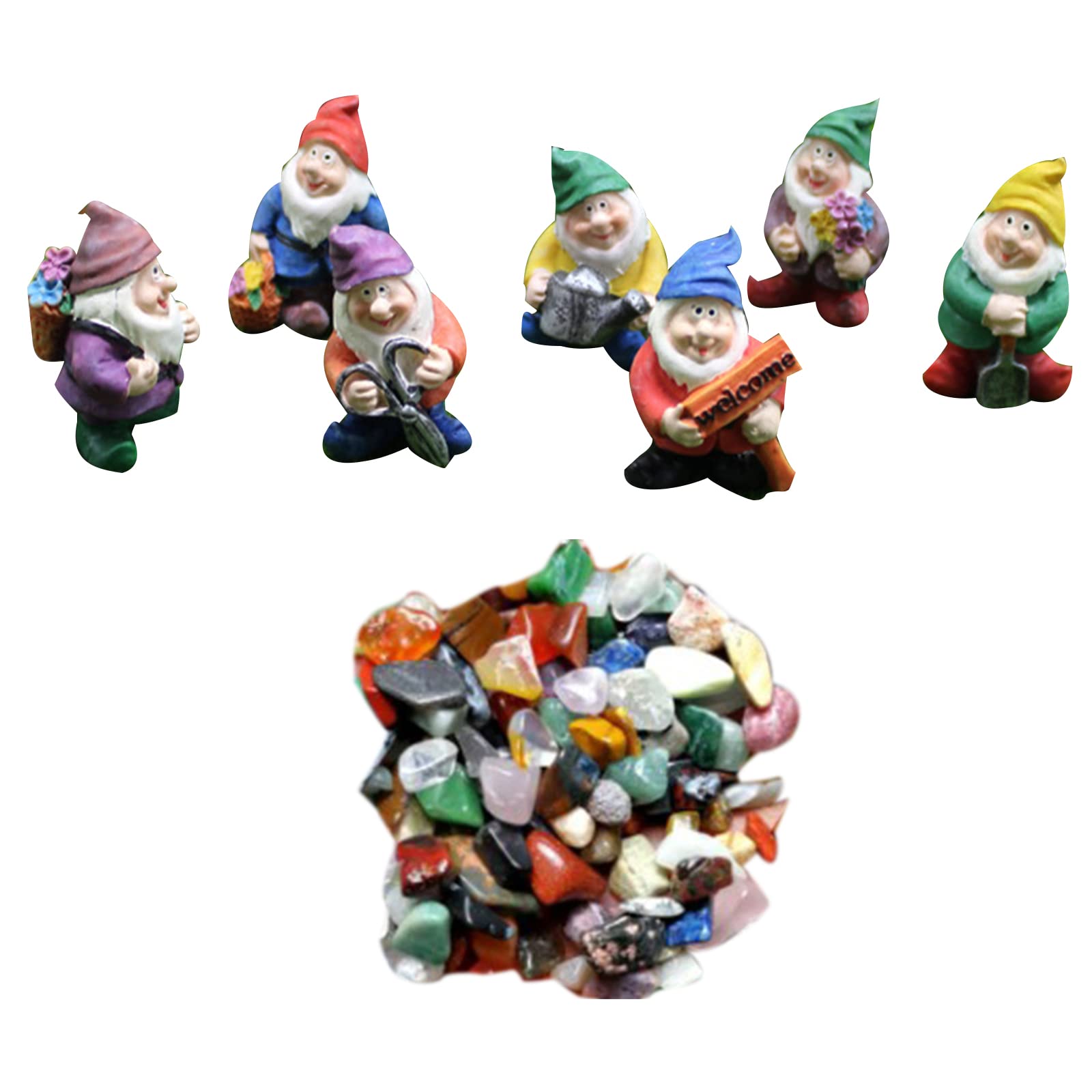 Soulnioi Garden Statue Cute 7 Elves Resin Ornaments Bonsai Decoration Dwarf Miniature Figurines and Crystal Gravel 50g, Goblin Sculpture for Outdoor Garden, Patio, Porch-Yard Art Decoration