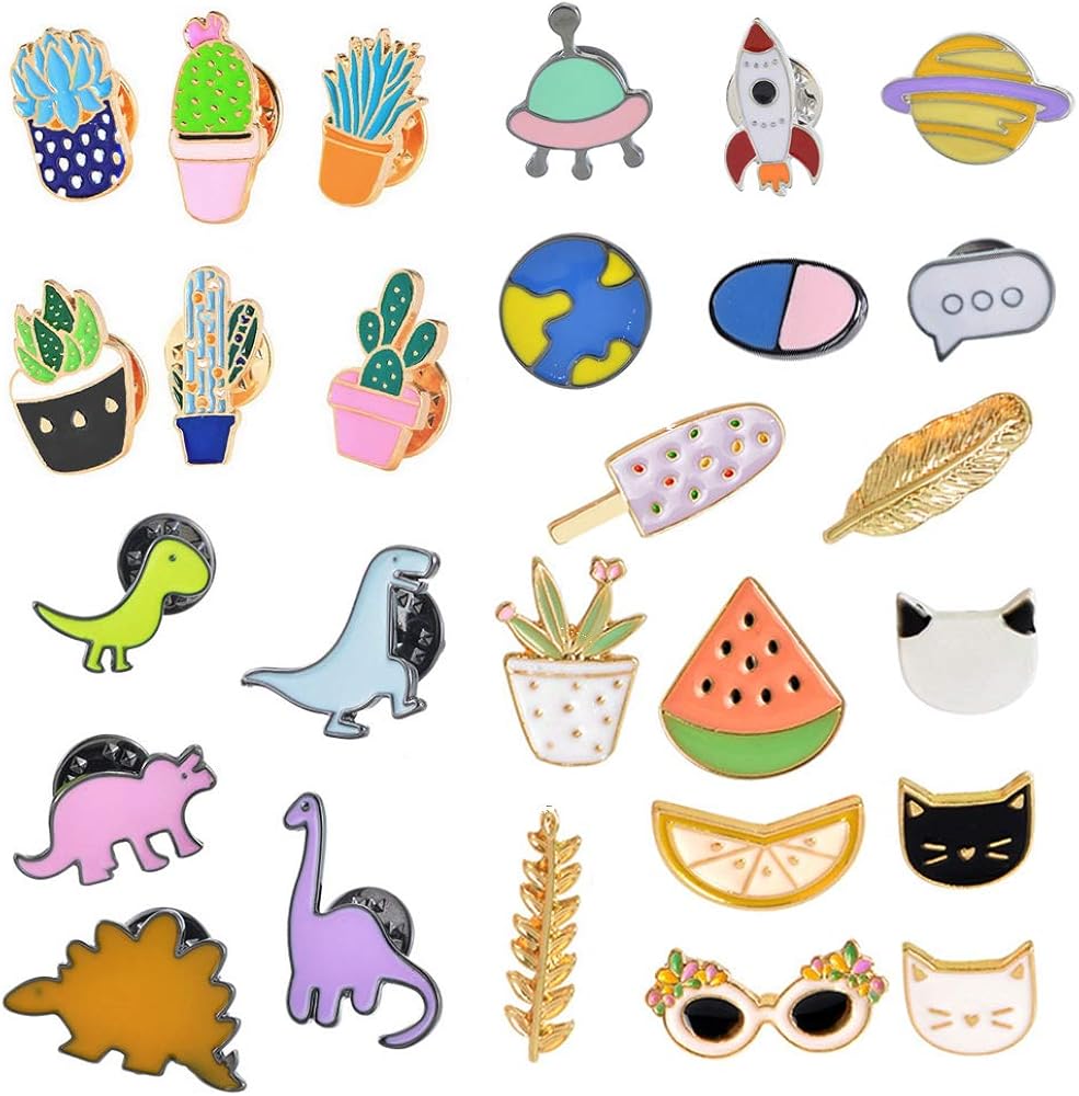 MJartoria 27PCS Cute Brooch Enamel Pins Set-Cartoon Dinosaur Fruit Plants Cat Novelty Lapel Pins Badges for Backpacks Clothing Bags Jackets Accessories Supplies DIY Crafts