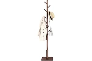 VASAGLE Solid Wood Coat Rack, Free Standing Hall Coat Tree with 8 Hooks, 3 Height Options, for Coats, Hats, Bags, Purses, for Entryway, Hallway, Rubberwood Hooks and Pole, Dark Walnut URCR010W01