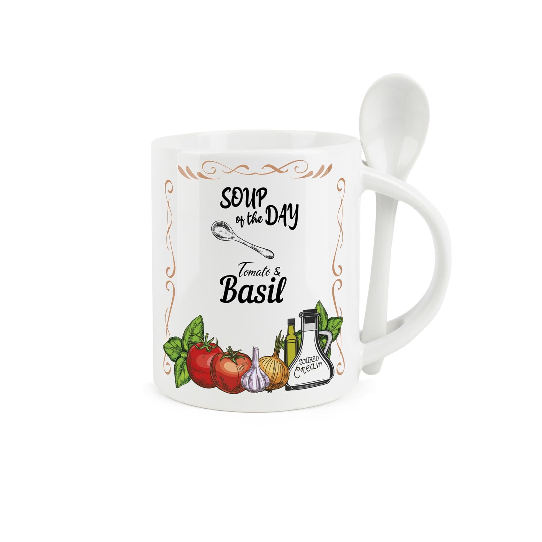 Purely Home Soup Mug and Spoon Set - Tomato and Basil Soup of The Day - Ceramic White Soup Mug with Spoon in Handle