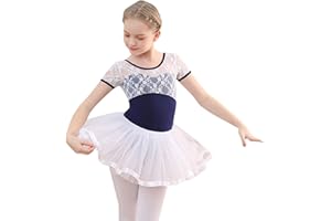 Kids Girls Ballet Dance Dress Lace Short Sleeve Leotards with Removable Tutu Skirt Ballerina Outfit Dancewear