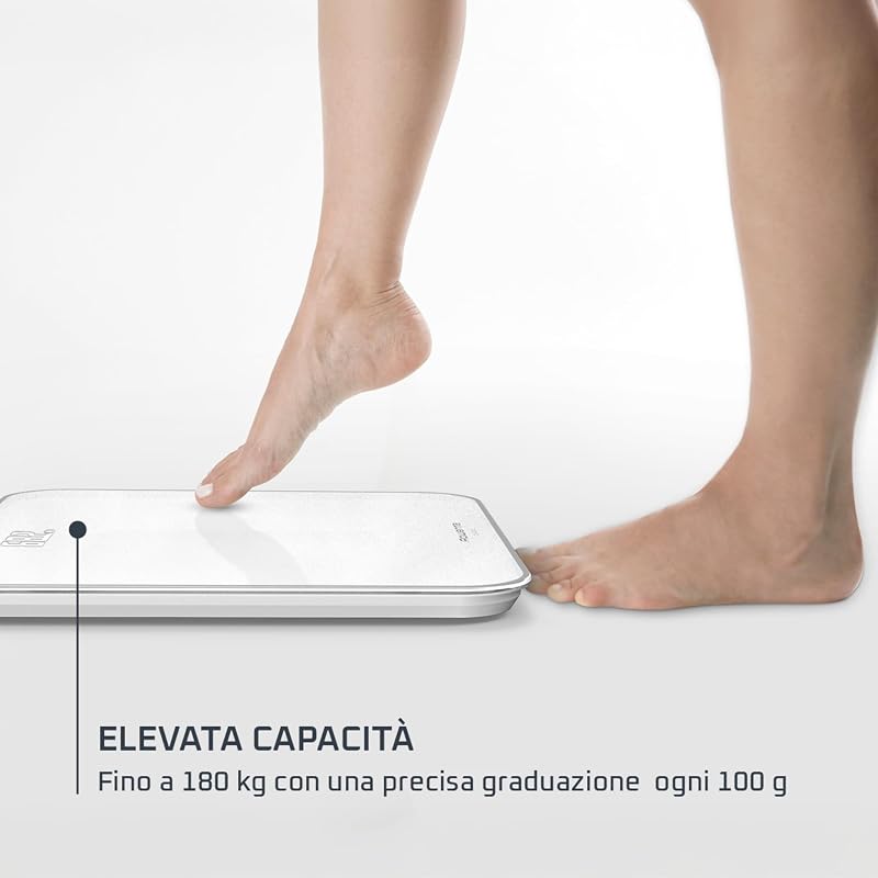 Classic 2.0, Bilancia con Schermo Invisibile LED Facile da Leggere, Capacità 180kg, Design Moderno e Funzioni Intelligenti, AutoAccensione e Spegnimento Automatico, Colore Bianco, BS1901V1