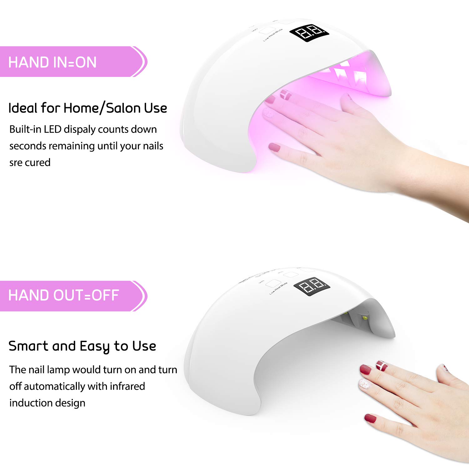 40W UV LED Nail Lamp, Fast Curing Gel Nail Dryer with 3 Timer Settings, Count Down LCD Display, Auto On/Off for Salons and Home, White