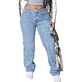 AprPith Women's Mid Waisted Straight Wide Leg Jeans Loose Fit Boyfriend Tummy Control Trendy Denim Pants with Pocket