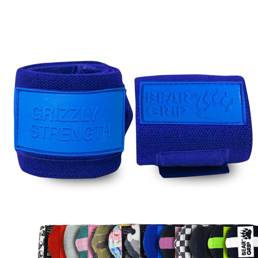 BEAR GRIP - Premium Heavy Duty Weight Lifting Wrist Wraps, Bodybuilding, Crossfit, Powerlifting, StrongMan (Blue/Blue, 24 Inches)