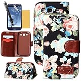 Galaxy S3 Case, OMIU(TM) Flower Floral Style Wallet Flip Magnet Stand Leather Case Cover with Credit Card Holder for Samsung Galaxy S3 i9300(Black), with Screen Protector, Stylus and Cleaning Cloth