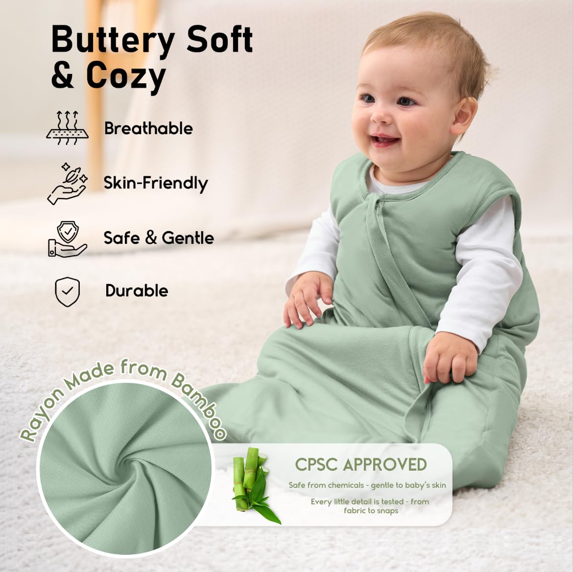 Yoofoss Rayon Made from Bamboo Baby Sleep Sack 6-12 Months 1.0 Tog Baby Wearable Blanket, Super Soft Infant Toddler Sleeping Sack 2-Way Zipper