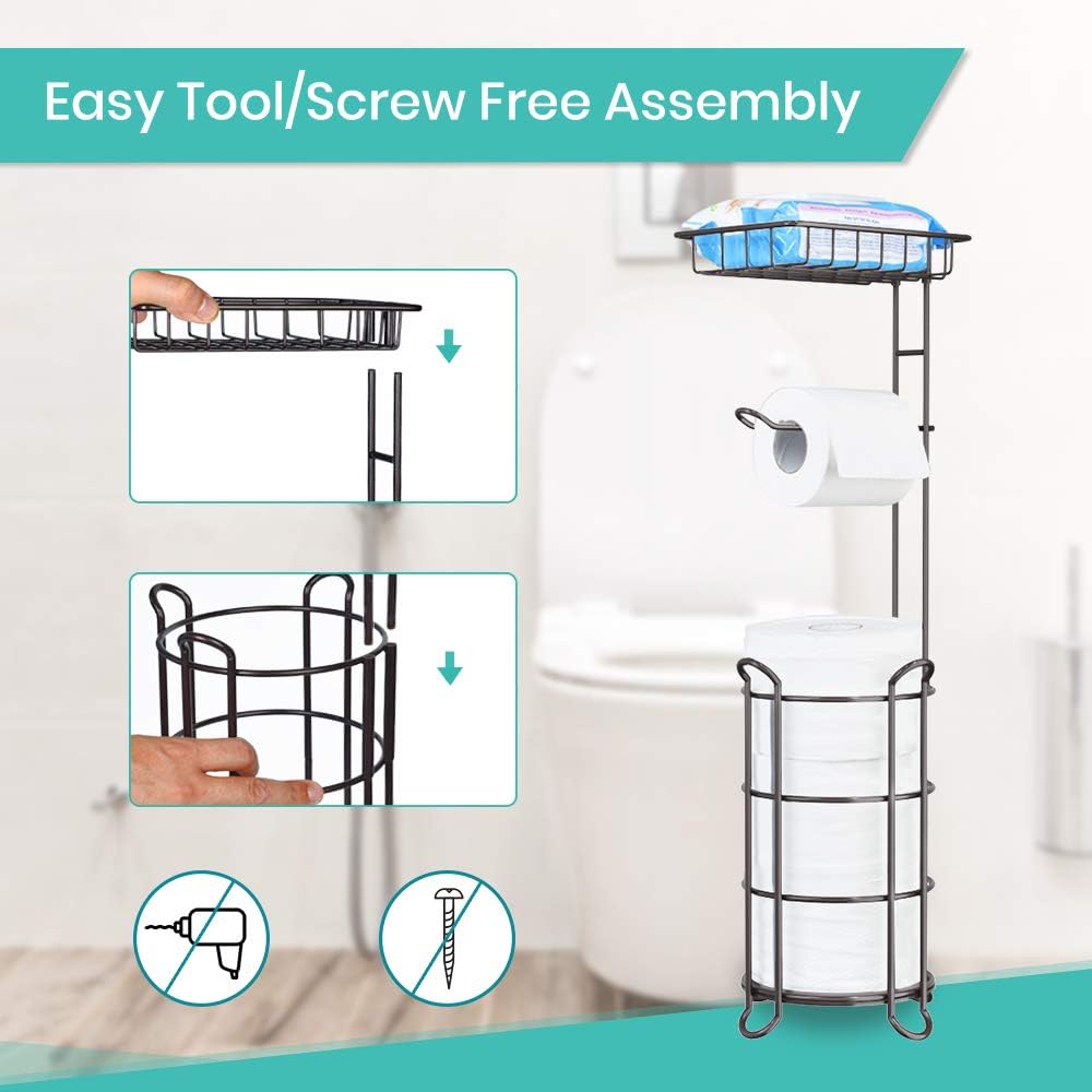 [Upgrade] Toilet Paper Holder Stand Bathroom Tissue Holders Free Standing with Top Shelf Storage Mega Rolls/Phone/Wipe-Bronze: Home & Kitchen