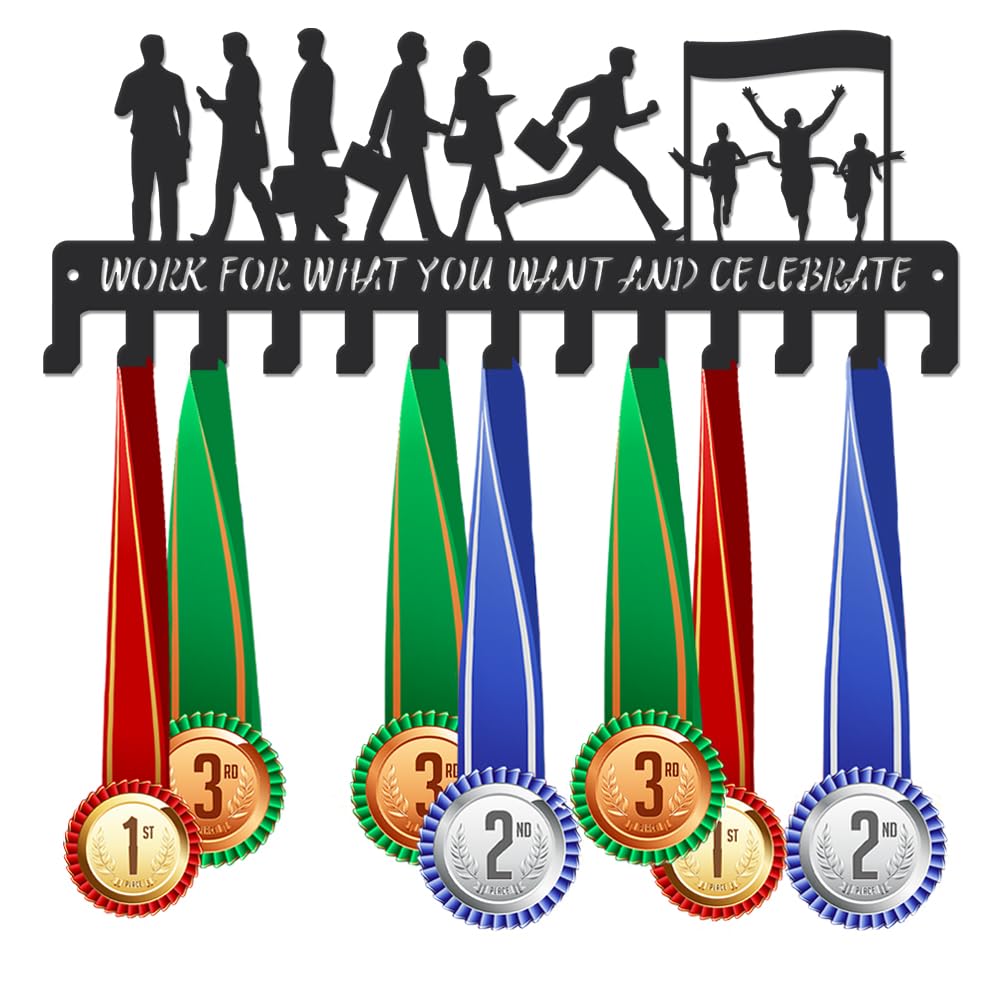 SUPERDANT Running Medal Holder Medal Hanger Display Metal Hanger Rack with Hooks Office Workers Crossing The Finish Line Metal Hanging Decor Wall Mount Ribbon Display Holder Rack