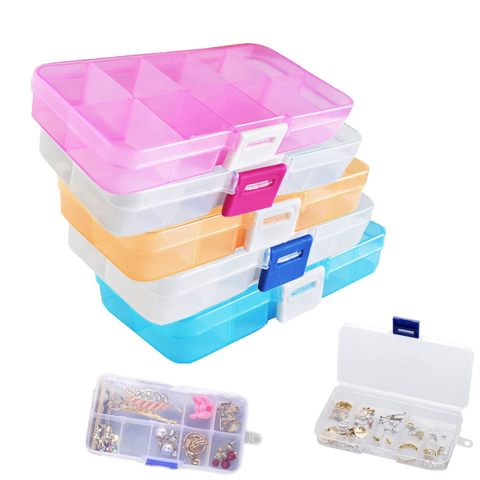Pack of 5 Compartments Storage Box, Adjustable Compartments, Removable Storage Box Made of Transparent Plastic for Jewellery Organiser Beads, 12.8 x 6.5 x 2.1 cm