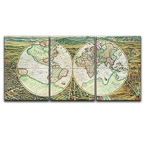 3 Panel Canvas Wall Art - Vintage World Map - Giclee Print Gallery Wrap Modern Home Art Ready to Hang - 16"x24" x 3 Panels