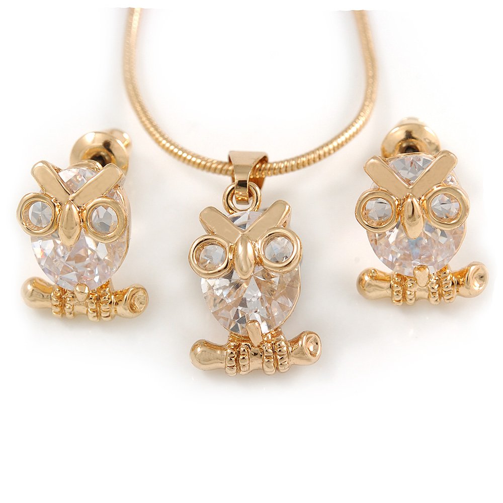 Avalaya Tiny Clear CZ Owl Pendant with Snake Type Chain & Stud Earrings Set In Gold Tone - 42cm L/ 6cm Ext